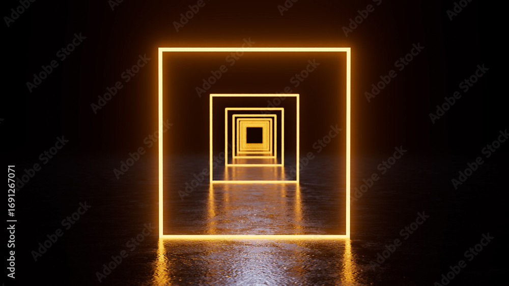 Poster glowing neon squares form a captivating tunnel effect within a dark room, reflecting off a shiny flo