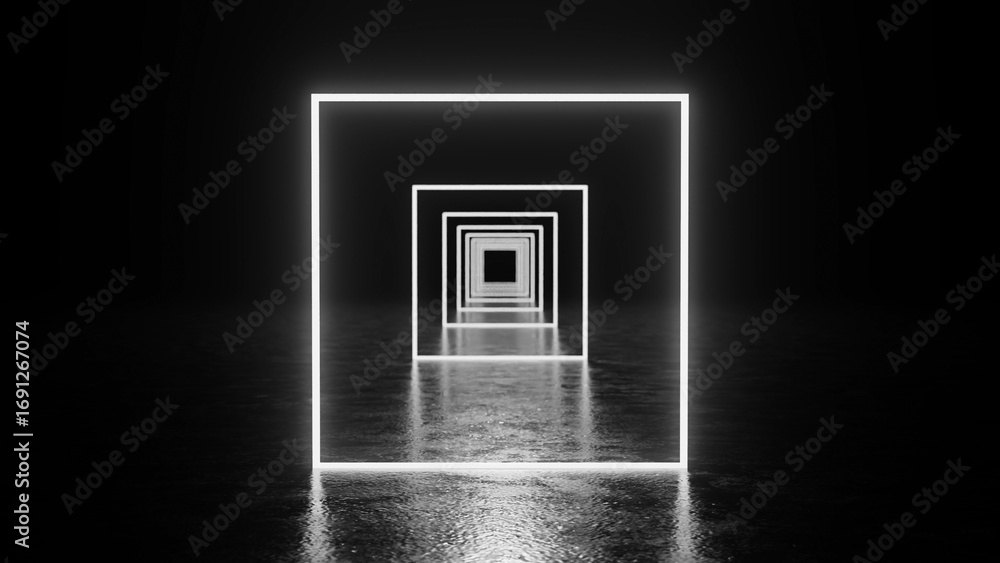 Poster glowing neon squares forming a tunnel effect on a wet floor in a dark space, enhancing the sense of 
