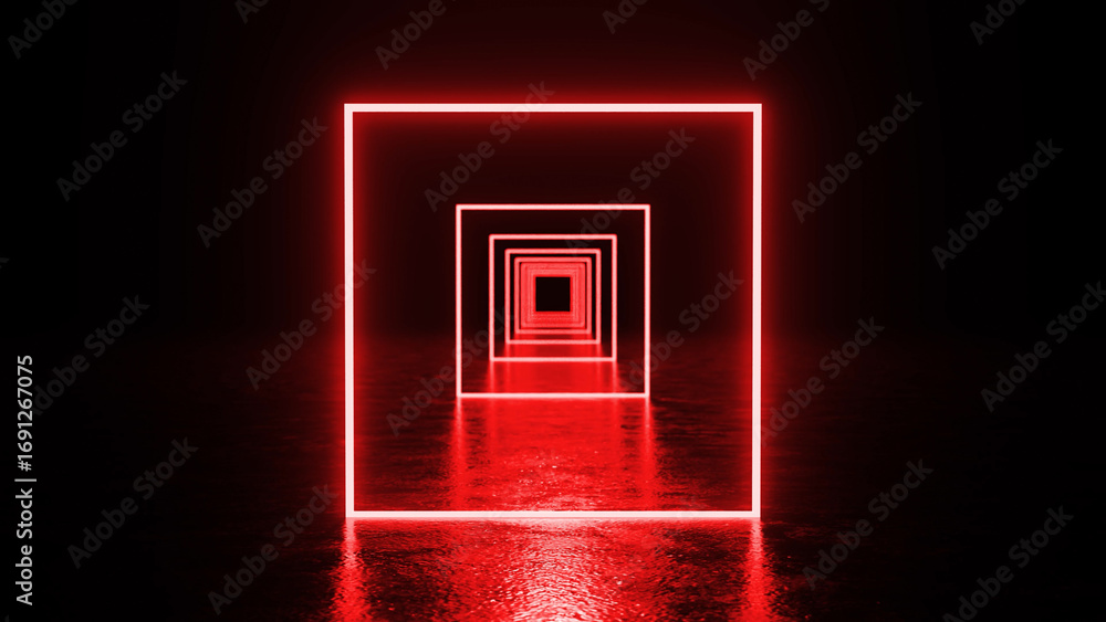 Poster glowing red neon squares forming a tunnel effect, reflecting vibrantly on a wet floor within a dark,