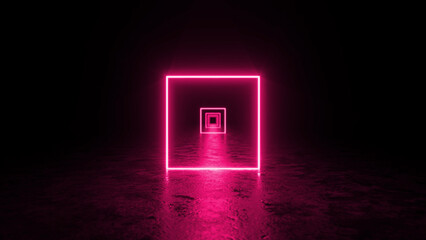 Illuminating pink neon light forming a square shaped tunnel, reflecting on a wet floor, creates a captivating abstract background with ample copy space, evoking a sense of modernity and mystery