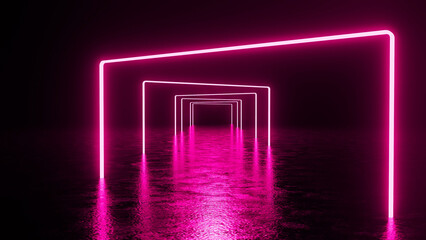 Glowing pink neon lights creating a tunnel effect, reflecting off a wet, shiny floor and immersing the space in a vibrant, futuristic atmosphere filled with energy