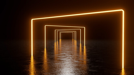 Glowing neon rectangle gates create a mesmerizing tunnel effect, reflecting vibrantly on the wet floor, immersing viewers in a mysterious and futuristic atmosphere