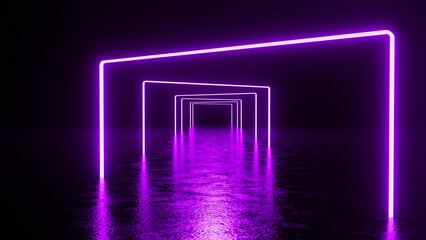 Glowing purple neon light square frame tunnel reflecting on a wet floor, creating a stunning abstract background with ample copy space, perfect for modern design and stylish presentations