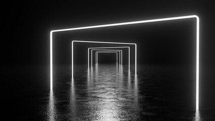 Glowing white neon square gates are creating a futuristic corridor over a dark reflective surface, giving a sense of mystery and perspective