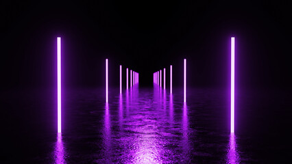Glowing purple neon lights illuminate a vibrant path through a dark, wet environment, creating...