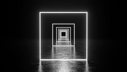 Glowing neon squares forming a tunnel effect on a wet floor in a dark space, enhancing the sense of depth and perspective while creating an abstract, futuristic ambiance