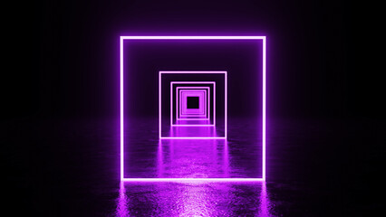 Glowing purple neon squares form a captivating tunnel effect, reflecting vibrantly on a wet floor, creating a modern and futuristic ambiance filled with energy and mystery