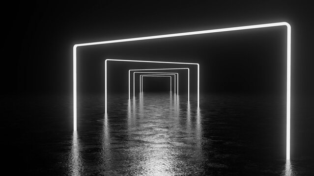 Glowing white neon square gates are creating a futuristic corridor over a dark reflective surface, giving a sense of mystery and perspective
