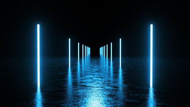 Bright blue neon lights illuminating a path through darkness, reflecting on a water surface and creating a captivating, futuristic atmosphere filled with mystery and intrigue