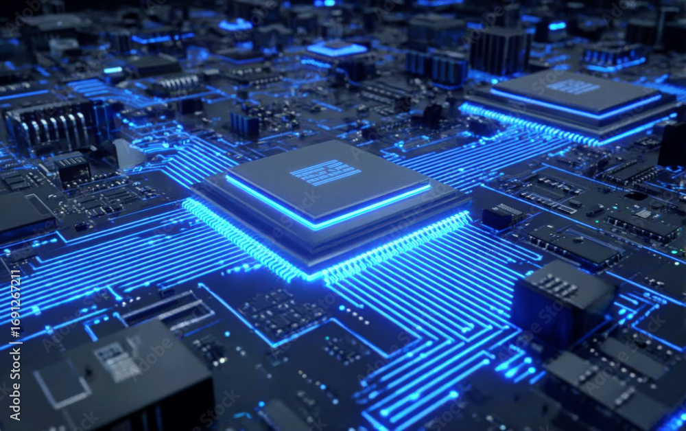 Poster close-up view of modern computer circuit board with glowing components