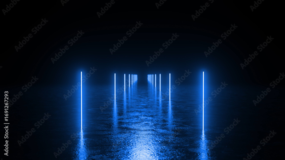 Poster illuminating a dark, wet path with parallel blue neon lights, creating a captivating atmosphere fill