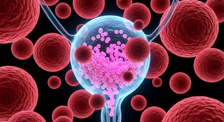 Microscopic view of vibrant red blood cells and a transparent cell structure with pink particles on black background