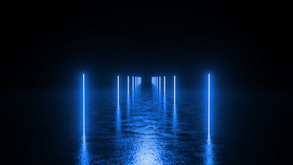 Illuminating a dark, wet path with parallel blue neon lights, creating a captivating atmosphere filled with mystery and a futuristic vibe, inviting exploration into the unknown