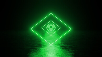 Illuminating green neon rhombus light tunnel reflecting on wet asphalt road, fading into darkness,...
