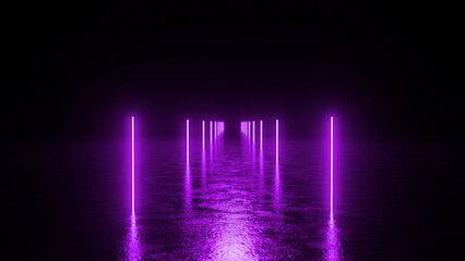 Glowing purple neon lights create a futuristic pathway over a dark, wet floor, stretching towards...