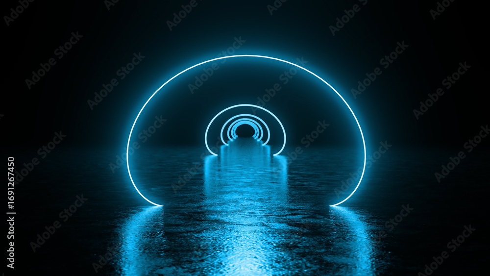 Poster circular neon lights create a tunnel effect reflecting on a wet floor, generating a futuristic and o