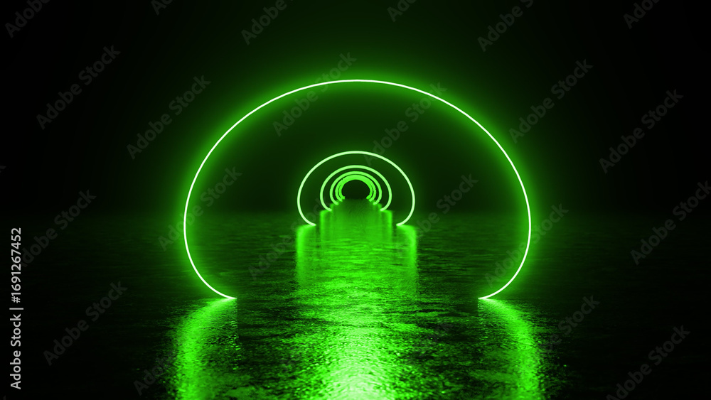 Poster green neon lights form a futuristic tunnel reflecting on a wet floor, creating a mesmerizing and oth
