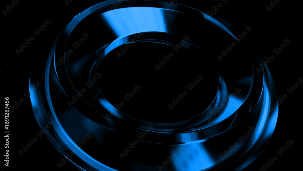 Poster smooth metallic blue ring rotating on a black background creating a sleek and modern abstract design