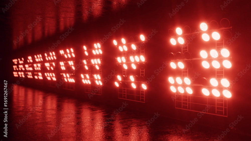 Aufkleber illuminating a dark room, red stage lights cast a dramatic glow on a wet floor, enhancing the atmosp