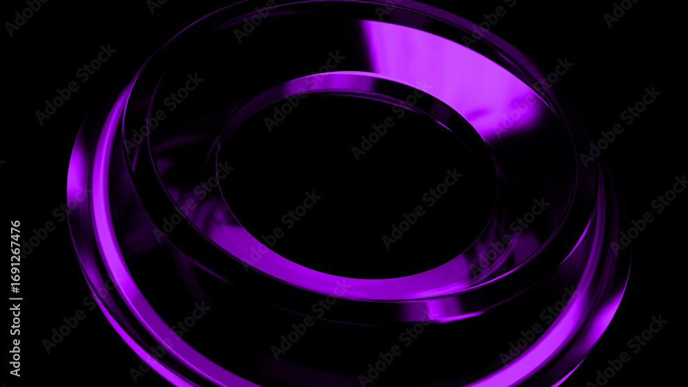Poster purple metallic ring rotating on a black background, creating a dynamic and modern abstract composit