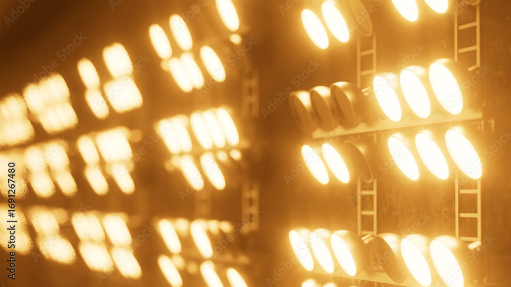 Aufkleber rows of powerful stage lights are casting a warm golden glow on a wall, creating a dramatic and atmo