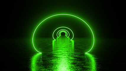 Green neon lights form a futuristic tunnel reflecting on a wet floor, creating a mesmerizing and...