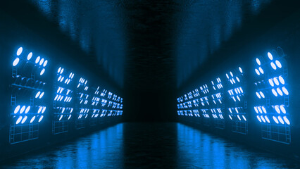 Rows of bright blue spotlights illuminating a dark, wet room filled with metal structures, creating...
