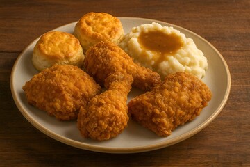 Southern Fried Chicken with Buttery Biscuits and Mashed Potatoes with Gravy on Rustic Wooden Table, Comfort Food Photography