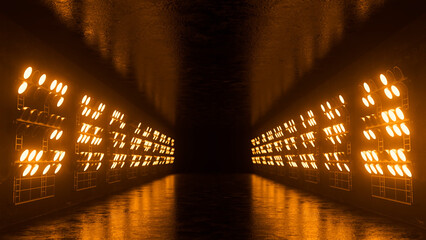 Rows of glowing orange spotlights illuminating a dark, wet tunnel create a dramatic atmosphere,...