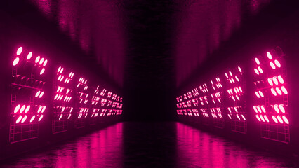 Rows of glowing pink neon lights create a vibrant and futuristic atmosphere in a dark industrial...