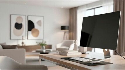A modern home office desk with a dark screen keyboard and mouse overlooking a blurred living room with abstract art and natural light - Powered by Adobe