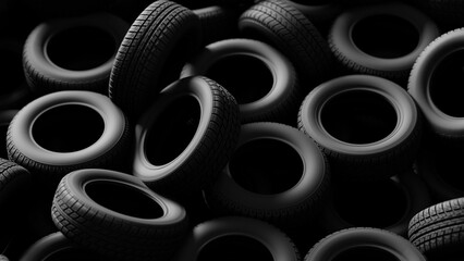 Close up view of stacked tires reveals intricate tread patterns, creating a visually striking composition with contrasting dark and light areas