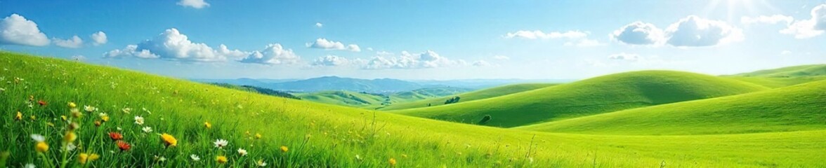 Fototapeta premium Serene vista of rolling green hills under a vibrant blue sky, sunlit meadow, wildflowers in bloom, picturesque countryside, tranquil scene , peaceful, mountains, field