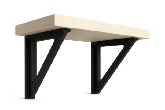 Modern beige shelf with black triangle brackets on transparent background