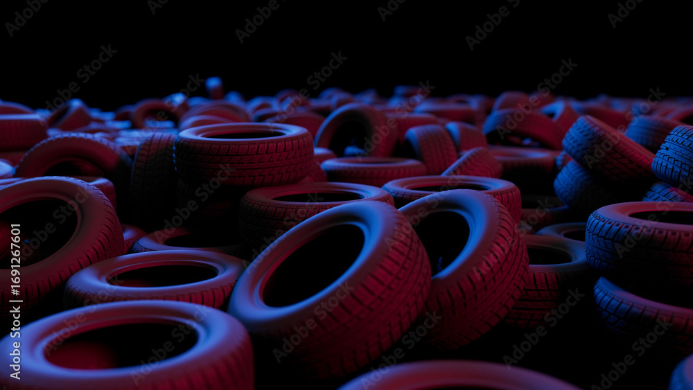 Poster numerous car tires are stacked and scattered, forming an abstract pattern under red and blue lightin