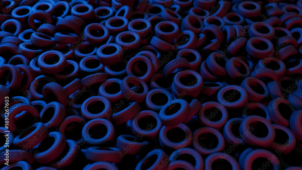 Poster numerous tires are stacked and creating a wall, illuminated by red and blue neon lights, forming an 