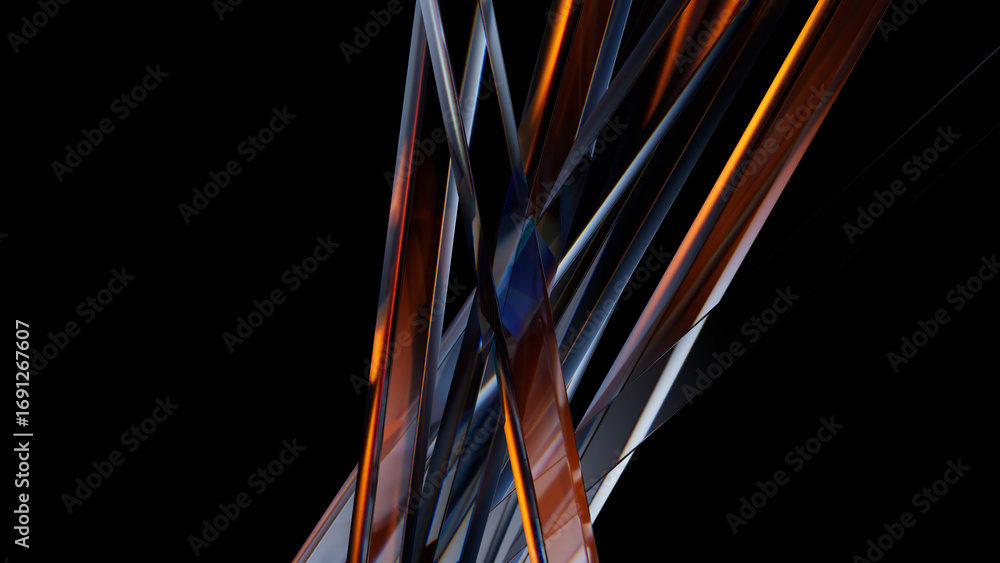 Poster intersecting and overlapping glass panels create a vibrant and abstract composition, featuring strik