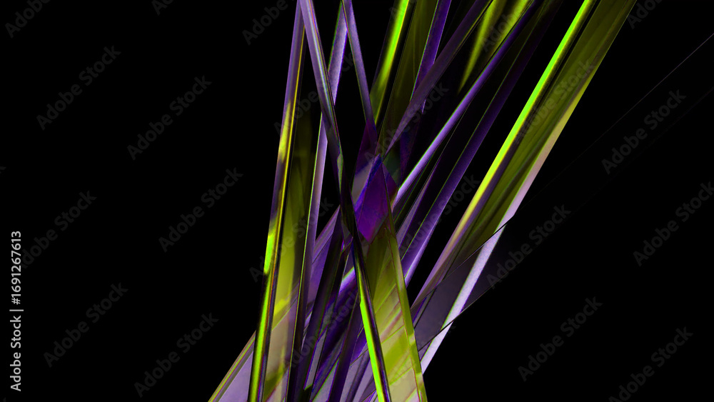 Poster green and purple geometric shapes intersect dynamically against a black backdrop, creating a vibrant