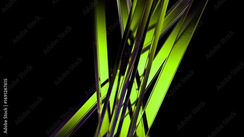 Poster green abstract lines are crossing and overlapping on a black background, creating a dynamic and vibr