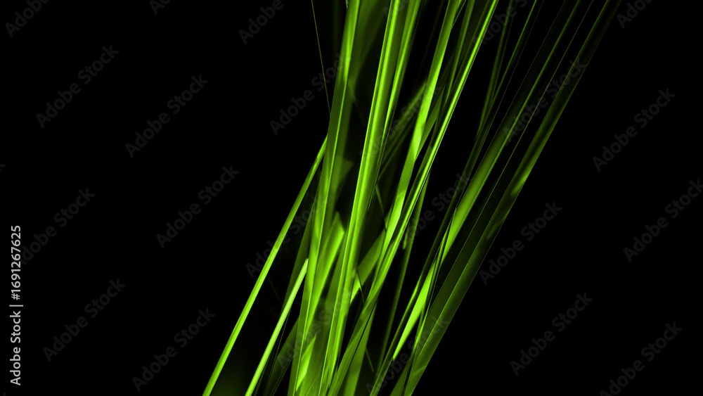 Poster converging green beams of light create a dynamic and energetic abstract composition against a deep b