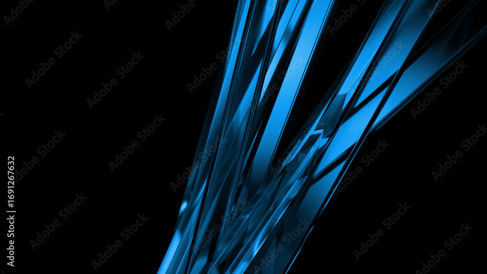 Poster shiny blue geometric shapes converging towards the center on a black background create a dynamic and