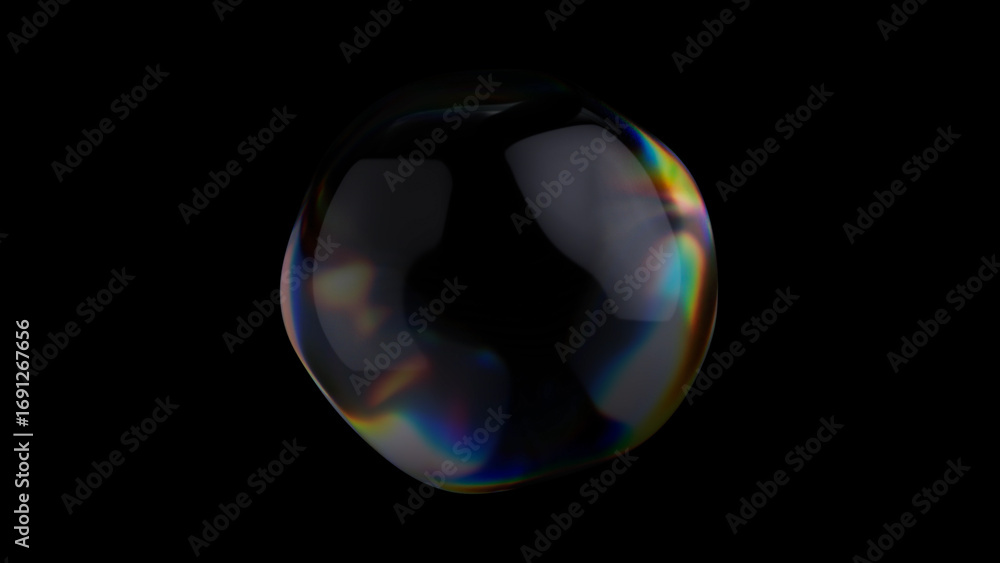 Poster single soap bubble floating on a black background, showing iridescent colors due to the interference