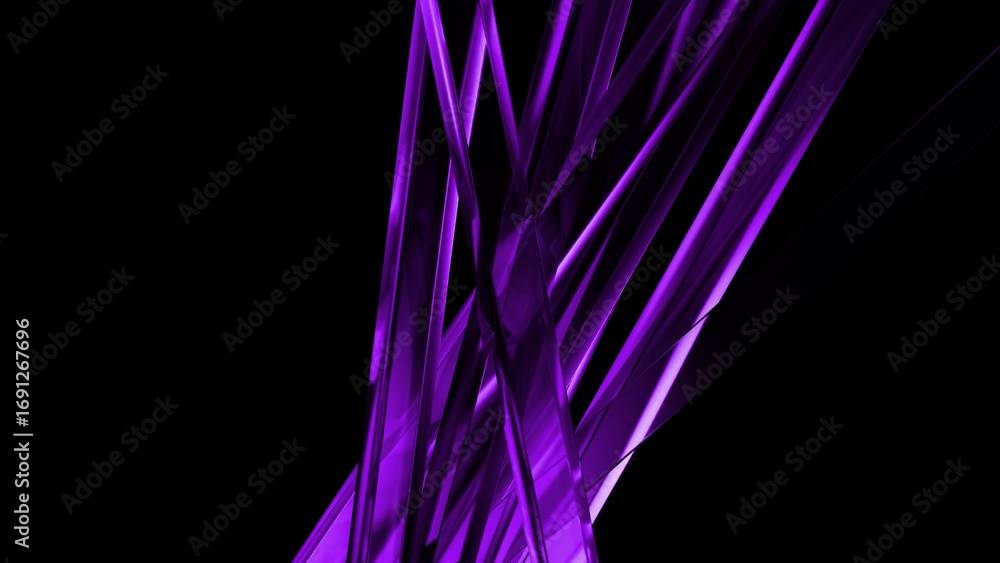 Poster purple shards of light are exploding on a black background, creating a vibrant and dynamic abstract 