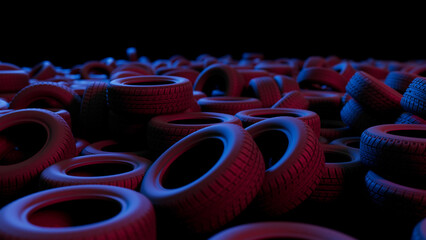 Fototapeta premium Numerous car tires are stacked and scattered, forming an abstract pattern under red and blue lighting, creating a visually striking scene with a focus on texture and repetition