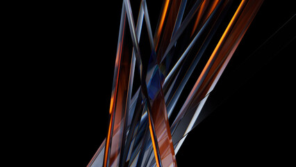 Intersecting and overlapping glass panels create a vibrant and abstract composition, featuring striking orange accents against a deep black background, evoking modernity and innovation