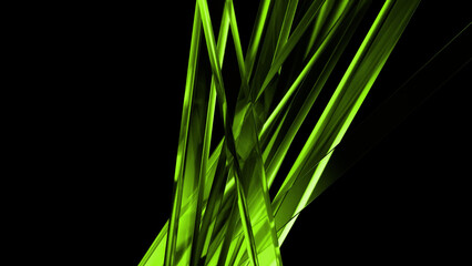 Green shards are exploding and expanding on a black background, creating a dynamic and energetic...
