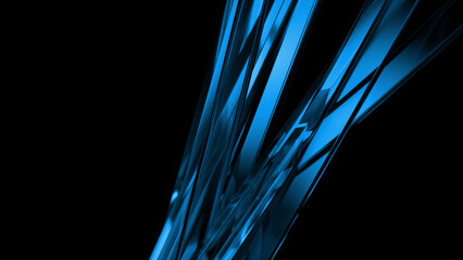 Shiny blue geometric shapes converging towards the center on a black background create a dynamic...