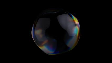 Single soap bubble floating on a black background, showing iridescent colors due to the interference of light waves reflecting off its inner and outer surfaces, creating a mesmerizing visual effect