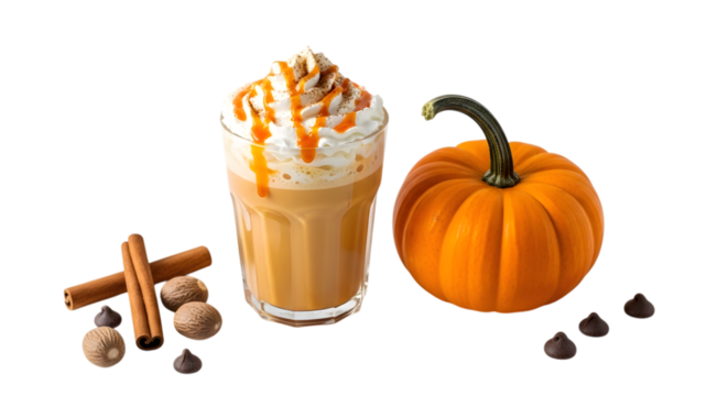 A festive pumpkin spice latte with whipped cream and caramel drizzle, next to a small pumpkin, cinnamon sticks, nutmeg, and chocolate chips, isolated on transparent background