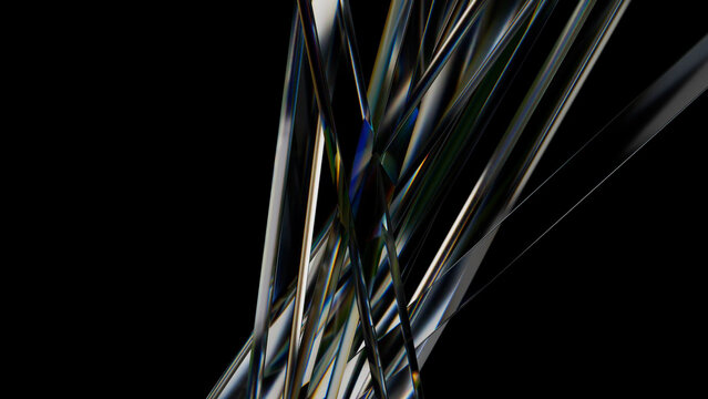 Abstract composition featuring intersecting glass rods on a black background, creating a dynamic visual effect with interplay of light, shadows, reflections, and transparency - Powered by Adobe